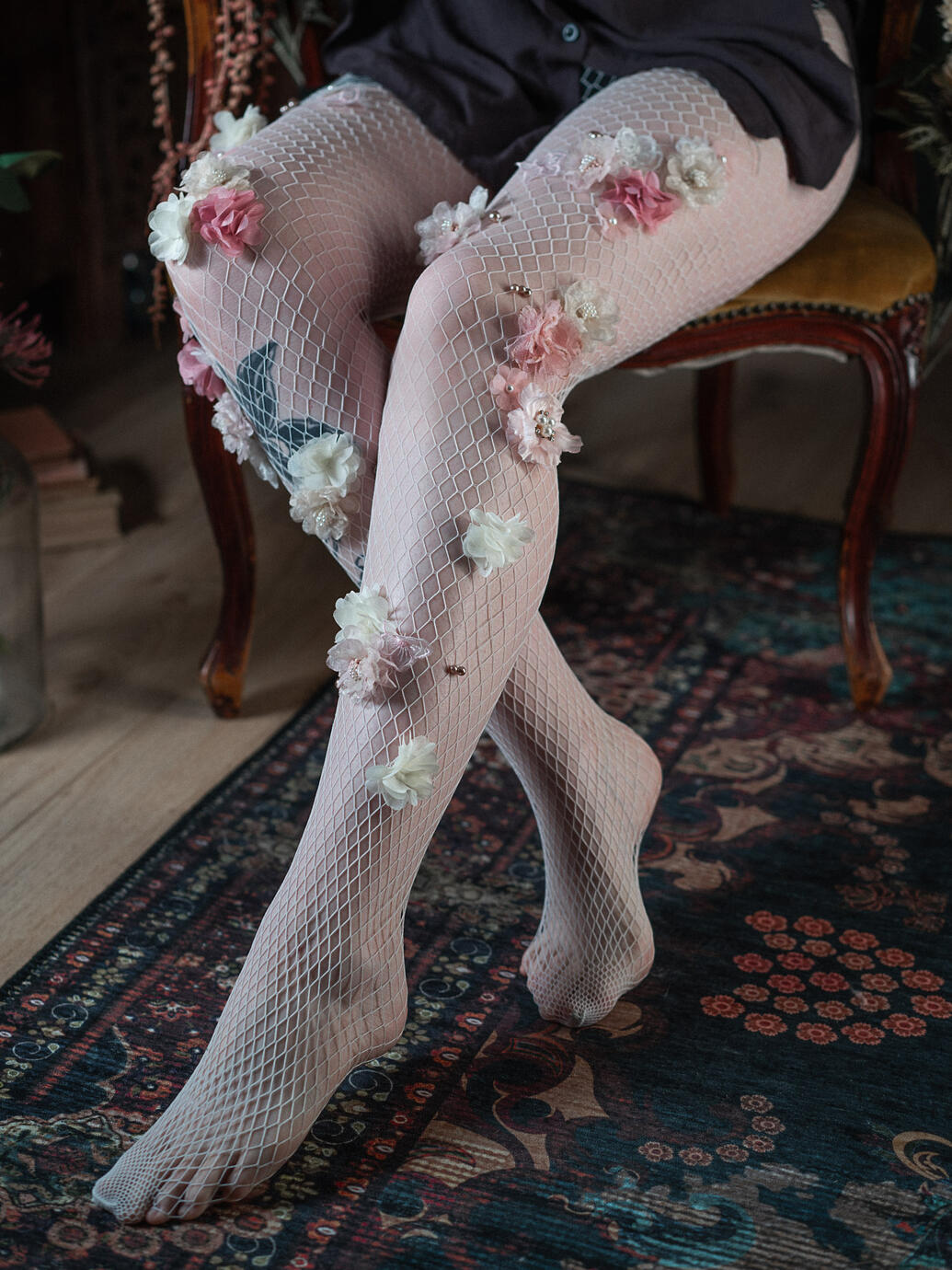 Floral white fishnet stockings handstitched with flowers and pearls